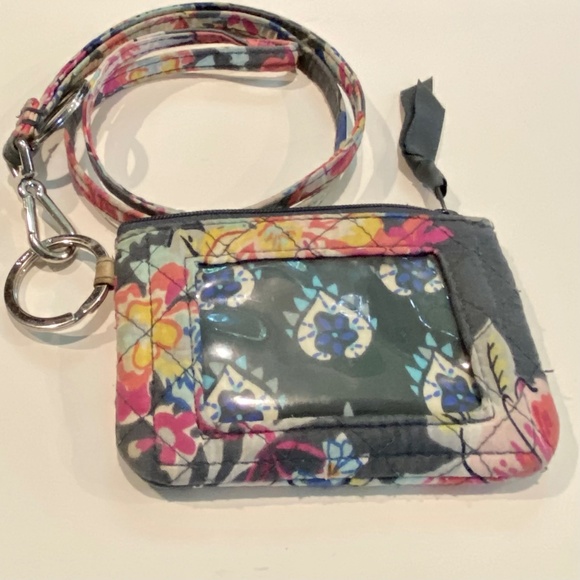 Vera Bradley Key Ring Lanyard Coin Card ID Window Zipper Navy Blue Floral Wallet - Picture 7 of 8